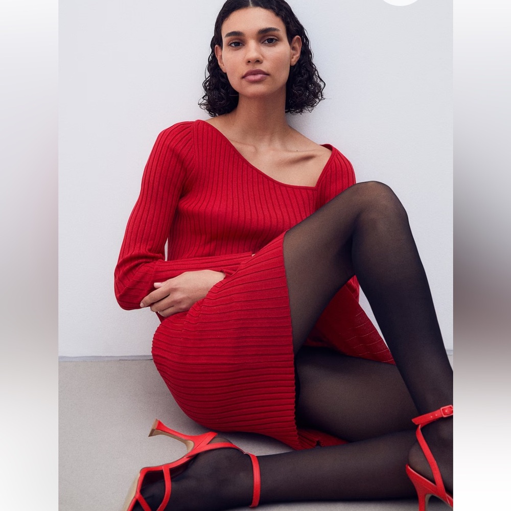 H&M | Womens Red Long Sleeve Rib Knit Bodycon Dress - Slim Fit - Size S